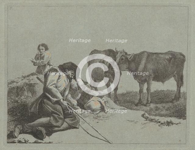 Sleeping Shepherd, Two Calves, and a Peasant Woman, 1762/1763. Creator: Francesco Londonio.
