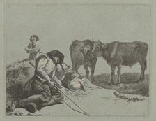 Sleeping Shepherd, Two Calves, and a Peasant Woman, 1762/1763. Creator: Francesco Londonio