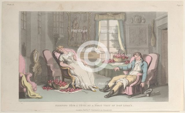 Sleeping Tête à Tête, at a First Visit of Don Luigi's, from "Naples and the Campag..., June 1, 1815. Creator: Thomas Rowlandson.
