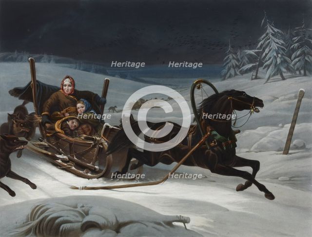 Sleigh of a Russian family pursued by wolves, 1830s.