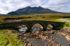 Sligachan Bridge and Sgurr nan Gillean, Skye, Highland, Scotland. Creator: Peter Thompson