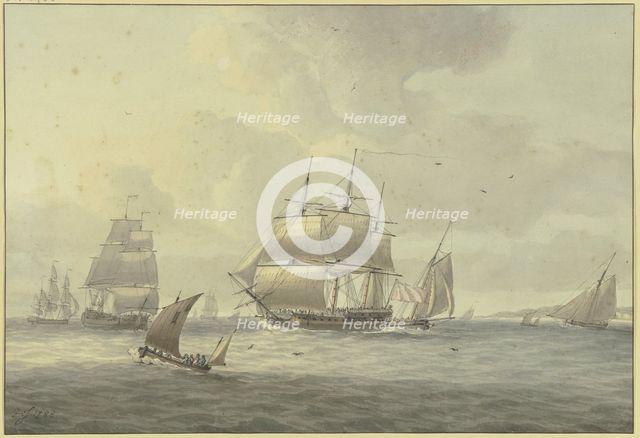 Slightly choppy sea, among many ships a three-masted ship with full sails to the left..., 1788. Creator: Dominic Serres.
