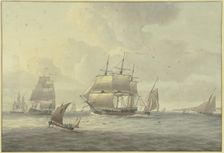 Slightly choppy sea, among many ships a three-masted ship with full sails to the left..., 1788. Creator: Dominic Serres