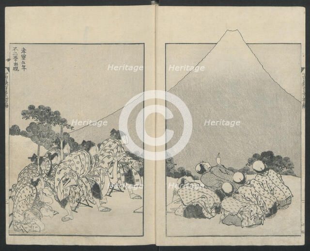Sliding Down (left); The Opening of Fuji (right) from One Hundred Views of Mount Fuji, 1834. Creator: Hokusai.