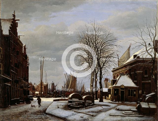 Slijpsteenmarkt (Whetstone Market) in Amsterdam with the Building 'Het Zeerecht' in Winter..., 1817. Creator: George Pieter Westenberg.
