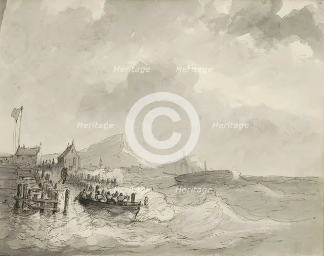 Sloop with figures at a landing place, c.1825-c.1875. Creator: Circle of Petrus Johannes Schotel.
