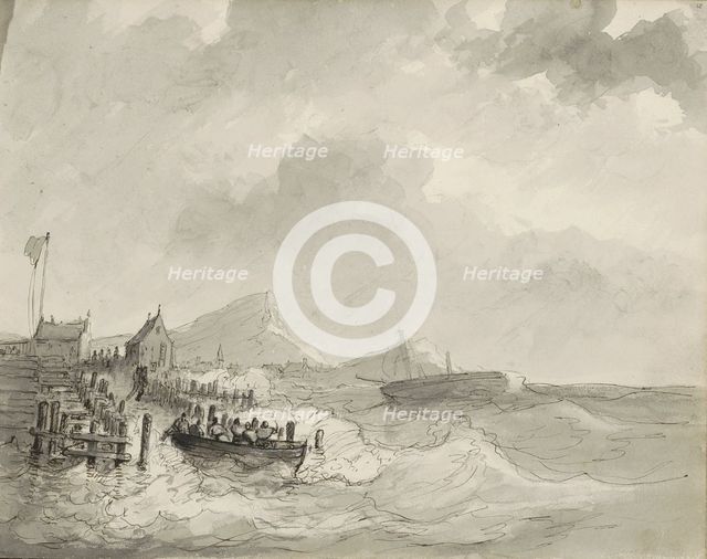 Sloop with figures at a landing place, c.1825-c.1875. Creator: Circle of Petrus Johannes Schotel.