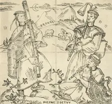 Slovak fuyara, bagpipes and pipe. Sketch for sgraffito work on the bridge in Piešt'any, by State Pr Artist: Joza Uprka