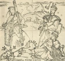 Slovak fuyara, bagpipes and pipe. Sketch for sgraffito work on the bridge in Piešt'any, by State Pr Artist: Joza Uprka
