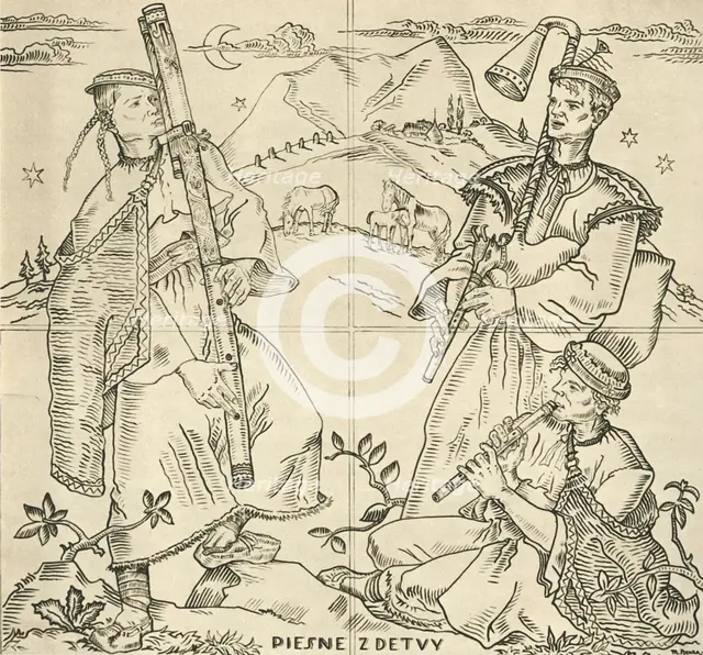 'Slovak fuyara, bagpipes and pipe. Sketch for sgraffito work on the bridge in Piešt'any, by State Pr Artist: Joza Uprka.