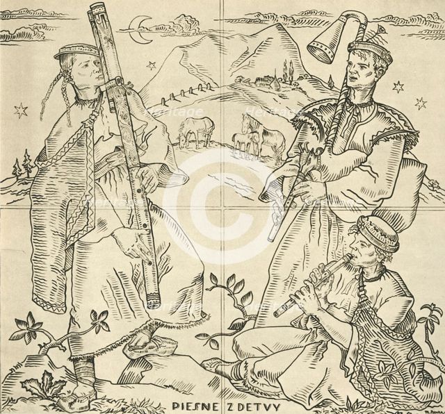 'Slovak fuyara, bagpipes and pipe. Sketch for sgraffito work on the bridge in Piešt'any, by State Pr Artist: Joza Uprka.