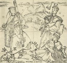 Slovak fuyara, bagpipes and pipe. Sketch for sgraffito work on the bridge in Piešt'any, by State Pr Artist: Joza Uprka