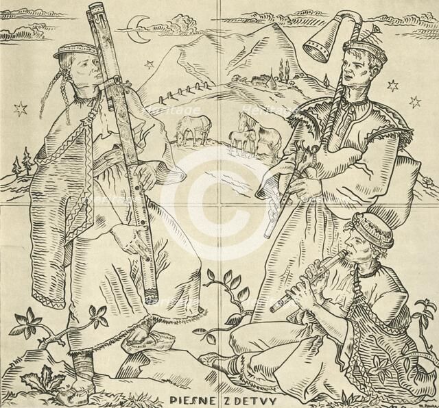 'Slovak fuyara, bagpipes and pipe. Sketch for sgraffito work on the bridge in Piešt'any, by State Pr Artist: Joza Uprka.