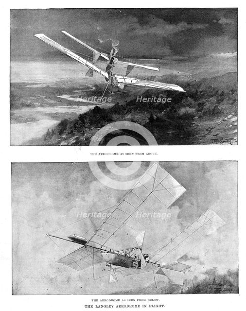 SP Langley's steam-powered model plane 'Aerodrome' viewed from above and below, 1902. Creator: Unknown.