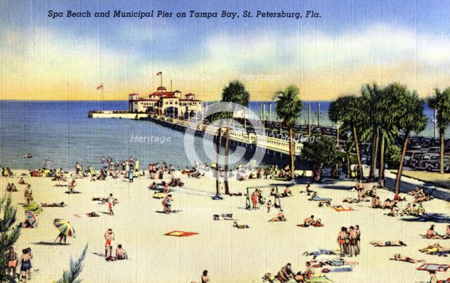 Spa Beach and Municipal Pier on Tampa Bay, St Petersburg, Florida, USA, 1940. Artist: Unknown