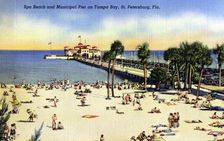 Spa Beach and Municipal Pier on Tampa Bay, St Petersburg, Florida, USA, 1940