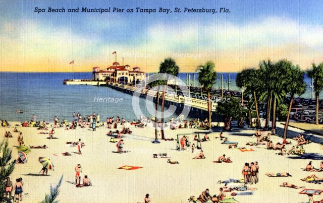 Spa Beach and Municipal Pier on Tampa Bay, St Petersburg, Florida, USA, 1940. Artist: Unknown