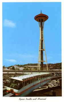 Space Needle and monorail, Seattle Center, Seattle, Washington, USA, 1963