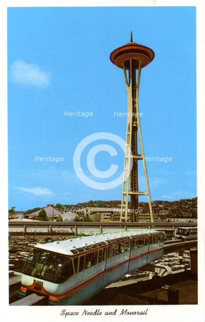 Space Needle and monorail, Seattle Center, Seattle, Washington, USA, 1963. Artist: Unknown