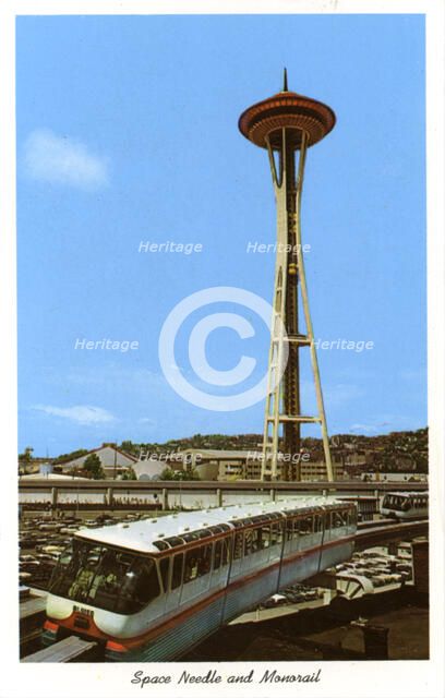 Space Needle and monorail, Seattle Center, Seattle, Washington, USA, 1963. Artist: Unknown