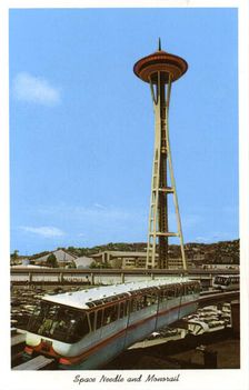 Space Needle and monorail, Seattle Center, Seattle, Washington, USA, 1963