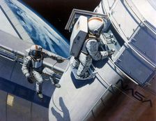Space Shuttle - artist's concept of spacewalk, 1980s. Creator: NASA