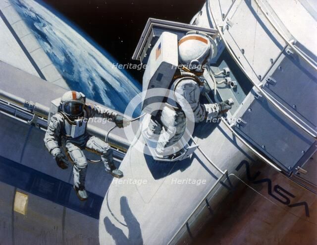 Space Shuttle - artist's concept of spacewalk, 1980s.  Creator: NASA.
