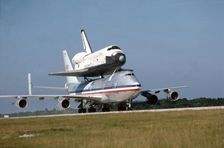 Space Shuttle atop Boeing 747, Kennedy Space Center, Florida, USA, 1980s. Creator: NASA