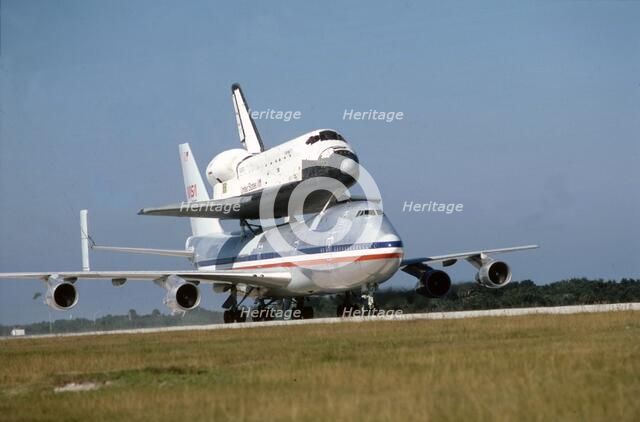 Space Shuttle atop Boeing 747, Kennedy Space Center, Florida, USA, 1980s. Creator: NASA.