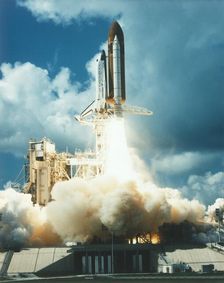 Space Shuttle Atlantis launching from Kennedy Space Center, USA, 1980s. Creator: NASA