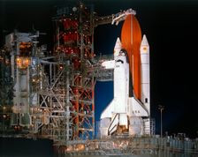 Space Shuttle Columbia on launch pad, Kennedy Space Center, Florida, USA, March 1982. Creator: NASA