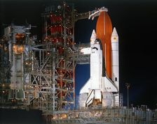 Space Shuttle Columbia on launch pad, Kennedy Space Center, Florida, USA, March 1982. Creator: NASA