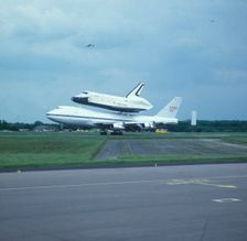 Space Shuttle Enterprise landing at Stansted, Essex, United Kingdom, 5 June 1983. Creator: NASA