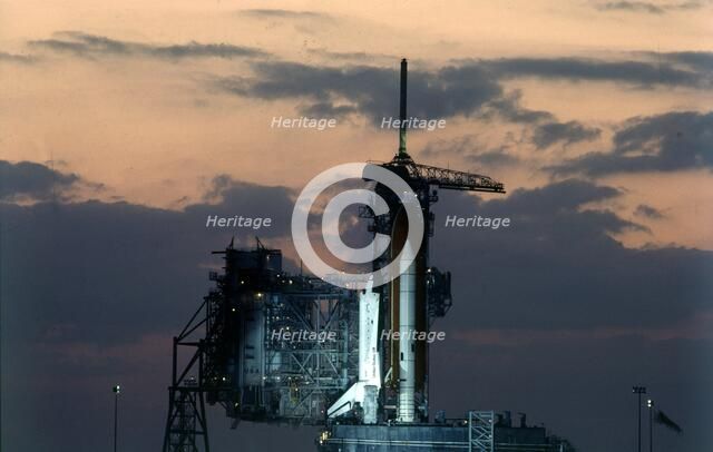 Space Shuttle on launch pad, Kennedy Space Center, Merritt Island, Florida, USA, 1980s.  Creator: NASA.