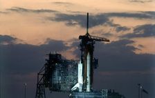 Space Shuttle on launch pad, Kennedy Space Center, Merritt Island, Florida, USA, 1980s. Creator: NASA