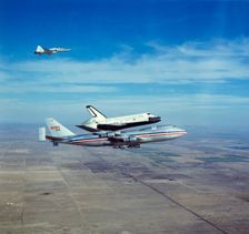 Space Shuttle Orbiter Columbia on Boeing 747 Shuttle Carrier, 1980s. Creator: NASA