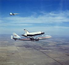 Space Shuttle Orbiter Columbia on Boeing 747 Shuttle Carrier, 1980s. Creator: NASA