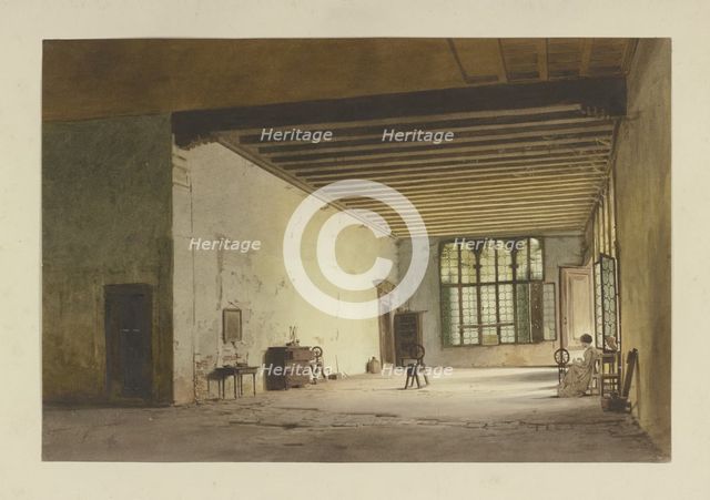 Spacious, sparsely furnished room with three spinning wheels, a spinner at work to the..., c1851. Creator: Carl Theodor Reiffenstein.
