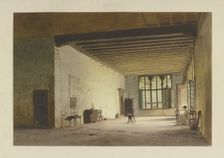 Spacious, sparsely furnished room with three spinning wheels, a spinner at work to the..., c1851. Creator: Carl Theodor Reiffenstein