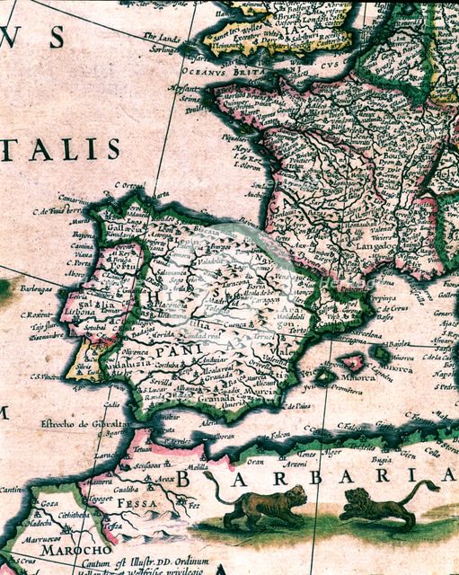 Spain and Africa, colored engraving from the book 'Le Theatre du monde' or 'Nouvel Atlas', 1645, …