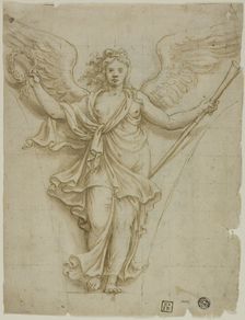 Spandrel Design with Allegorical Figure of Fame (r); Design for Coat of Arms (v), c.1532. Creator: Workshop of Giulio Pippi, called Giulio Romano