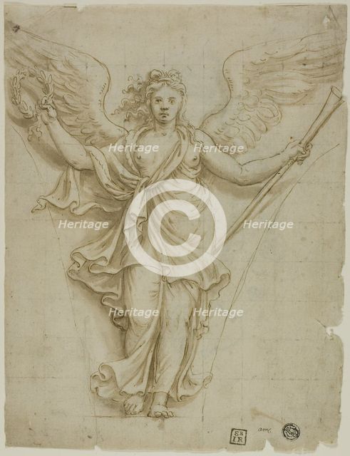Spandrel Design with Allegorical Figure of Fame (r); Design for Coat of Arms (v), c.1532. Creator: Workshop of Giulio Pippi, called Giulio Romano.