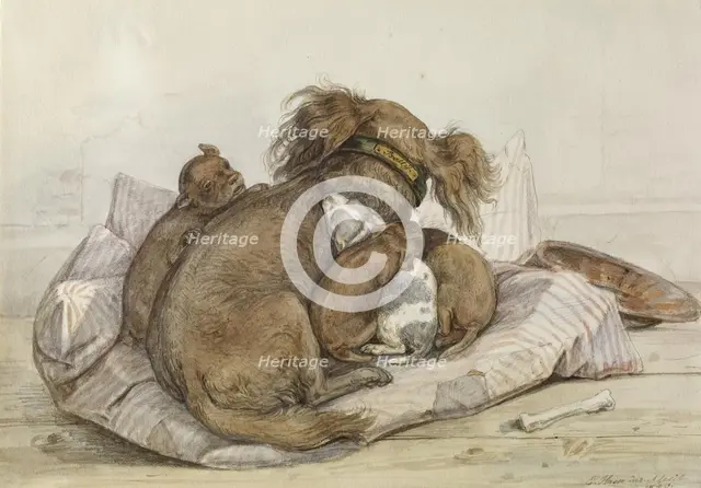 Spaniel With Puppies, 1840. Creator: Ernst Hasse.