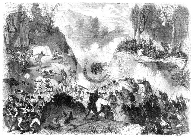 Spanish troops fighting the people of Santo Domingo, in the pass of Monte Christi, 1864. Artist: Unknown