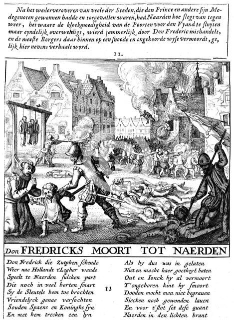 Spanish troops torching buildings and massacring during Spanish rule in Netherlands, 1567-73. Artist: Unknown
