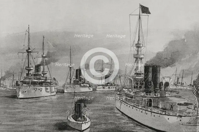 Spanish-American War (1898): from left to right: USS Texas, USS Cushing and USS Indiana, 1898. Creator: Enrique Laporta Valor.