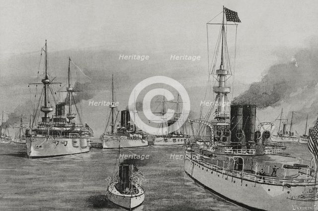 Spanish-American War (1898): from left to right: USS Texas, USS Cushing and USS Indiana, 1898. Creator: Enrique Laporta Valor.