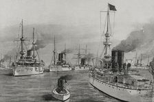 Spanish-American War (1898): from left to right: USS Texas, USS Cushing and USS Indiana, 1898. Creator: Enrique Laporta Valor