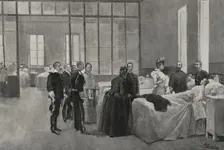 Spanish-American War (1898): Queen Maria Christina visiting wounded soldiers, Madrid, Spain, 1898. Creator: Enrique Laporta Valor