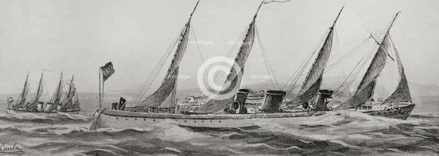 Spanish-American War: Spanish torpedo boats on their way to the island of Cuba, 1898. Creator: Antonio de Caula.